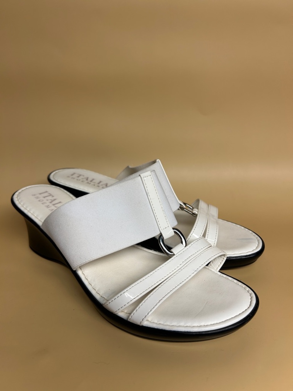 WOMEN'S ITALIAN SHOEMAKERS White Wedge Slide Sandals with Elastic Strap